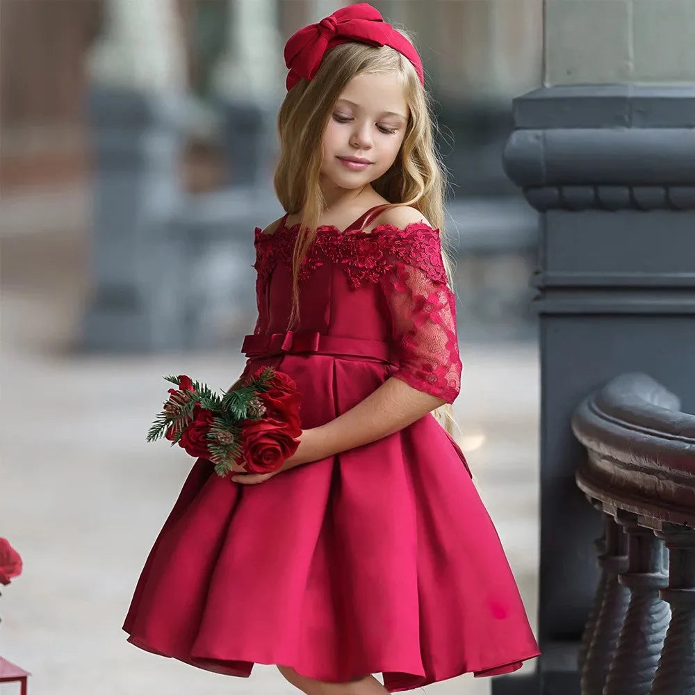 Simple lace-trim polyester dress for toddler girls in red, available in sizes 3T to 10T