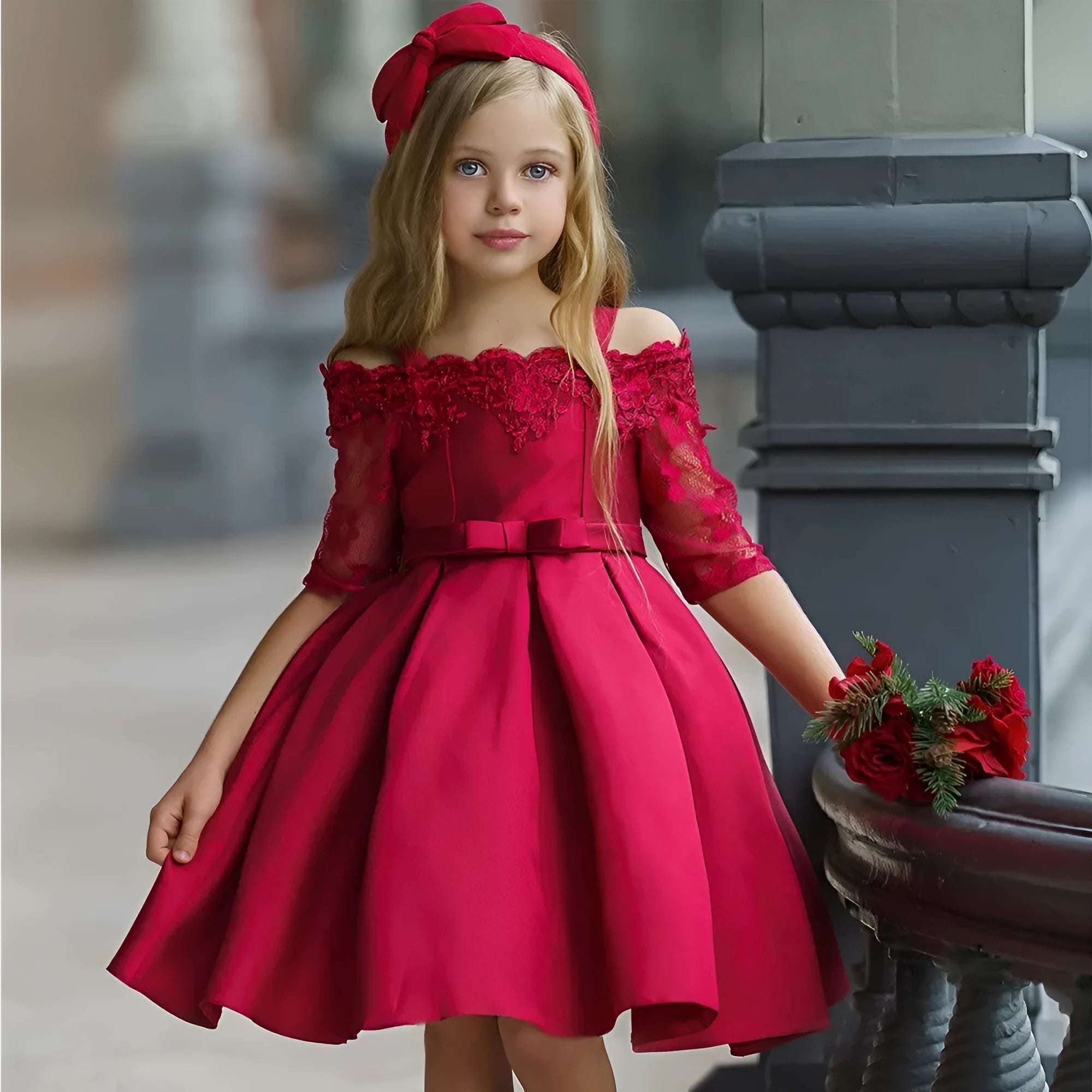 Simple lace-trim polyester dress for toddler girls in red, available in sizes 3T to 10T