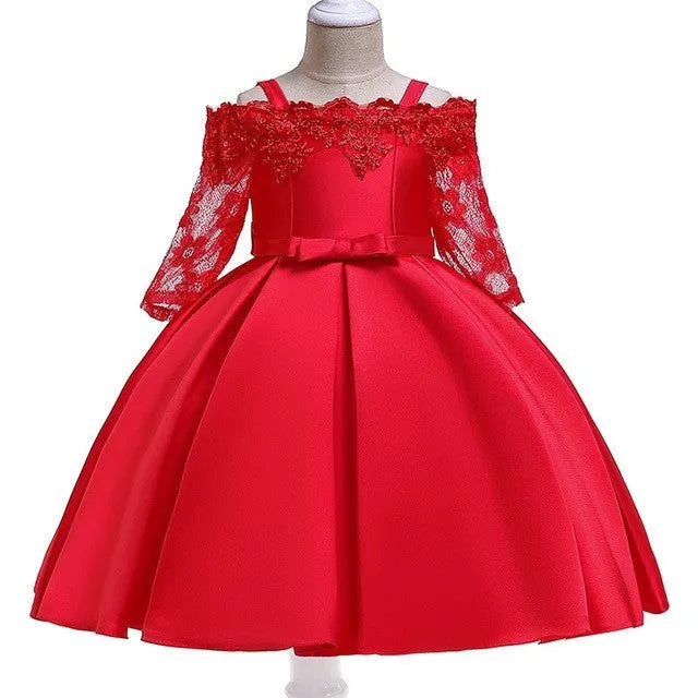 Simple lace-trim polyester dress for toddler girls in red, available in sizes 3T to 10T