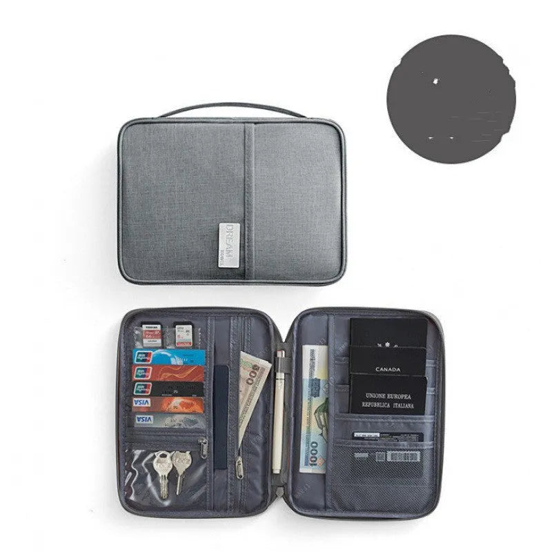 Waterproof cationic fabric passport cover in navy blue, showing small and large size comparison.