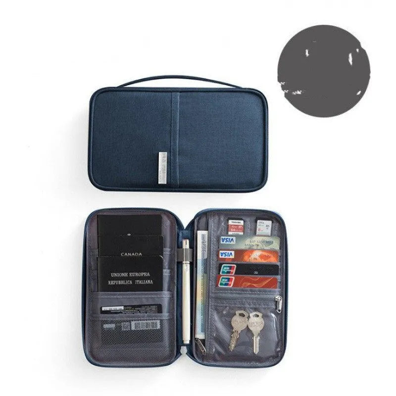 Waterproof cationic fabric passport cover in navy blue, showing small and large size comparison.