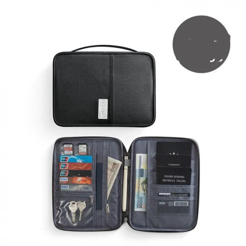 Waterproof cationic fabric passport cover in navy blue, showing small and large size comparison.