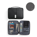 Waterproof cationic fabric passport cover in navy blue, showing small and large size comparison.