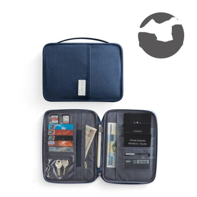 Waterproof cationic fabric passport cover in navy blue, showing small and large size comparison.