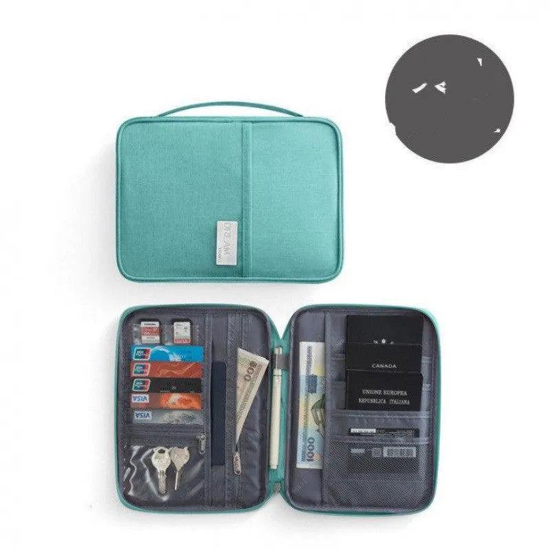 Waterproof cationic fabric passport cover in navy blue, showing small and large size comparison.