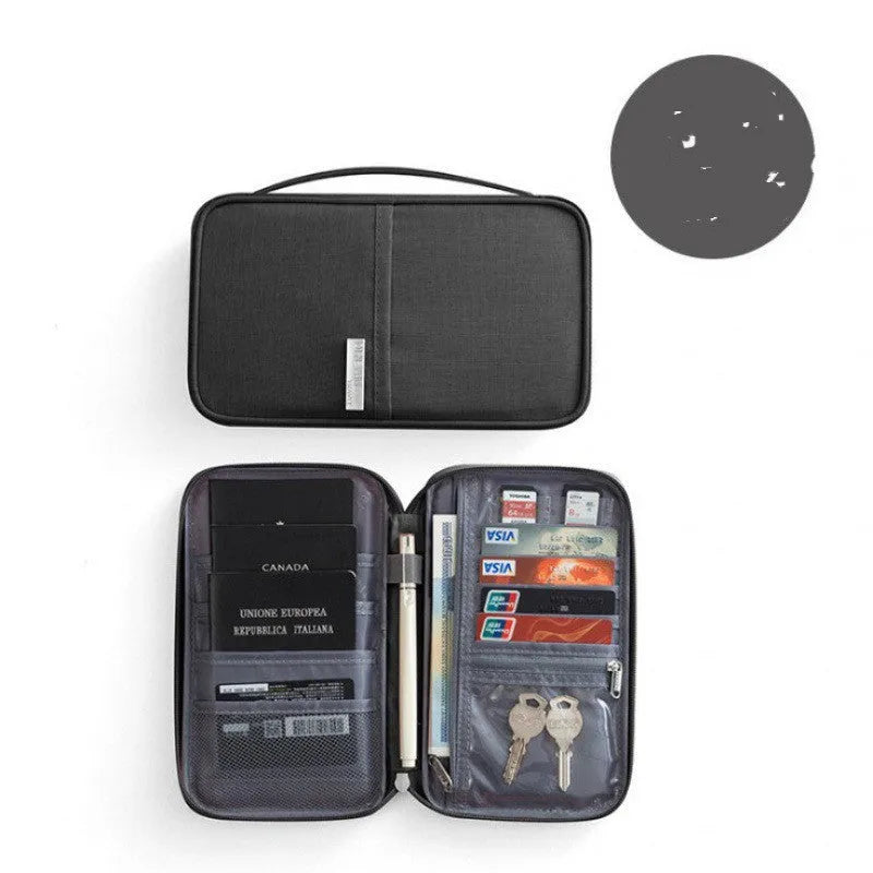 Waterproof cationic fabric passport cover in navy blue, showing small and large size comparison.