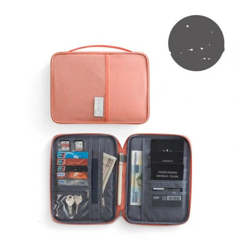 Waterproof cationic fabric passport cover in navy blue, showing small and large size comparison.