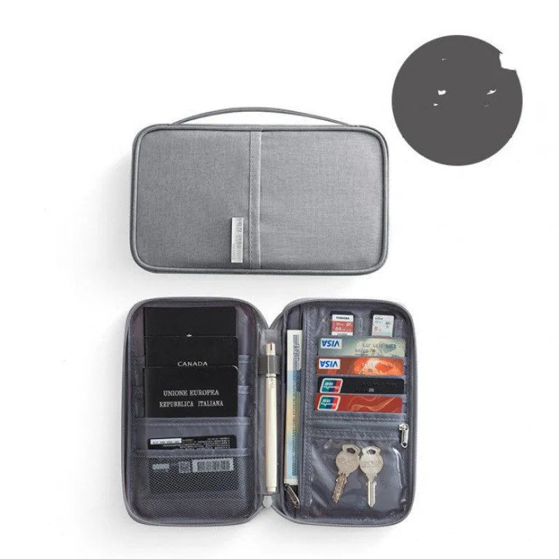 Waterproof cationic fabric passport cover in navy blue, showing small and large size comparison.