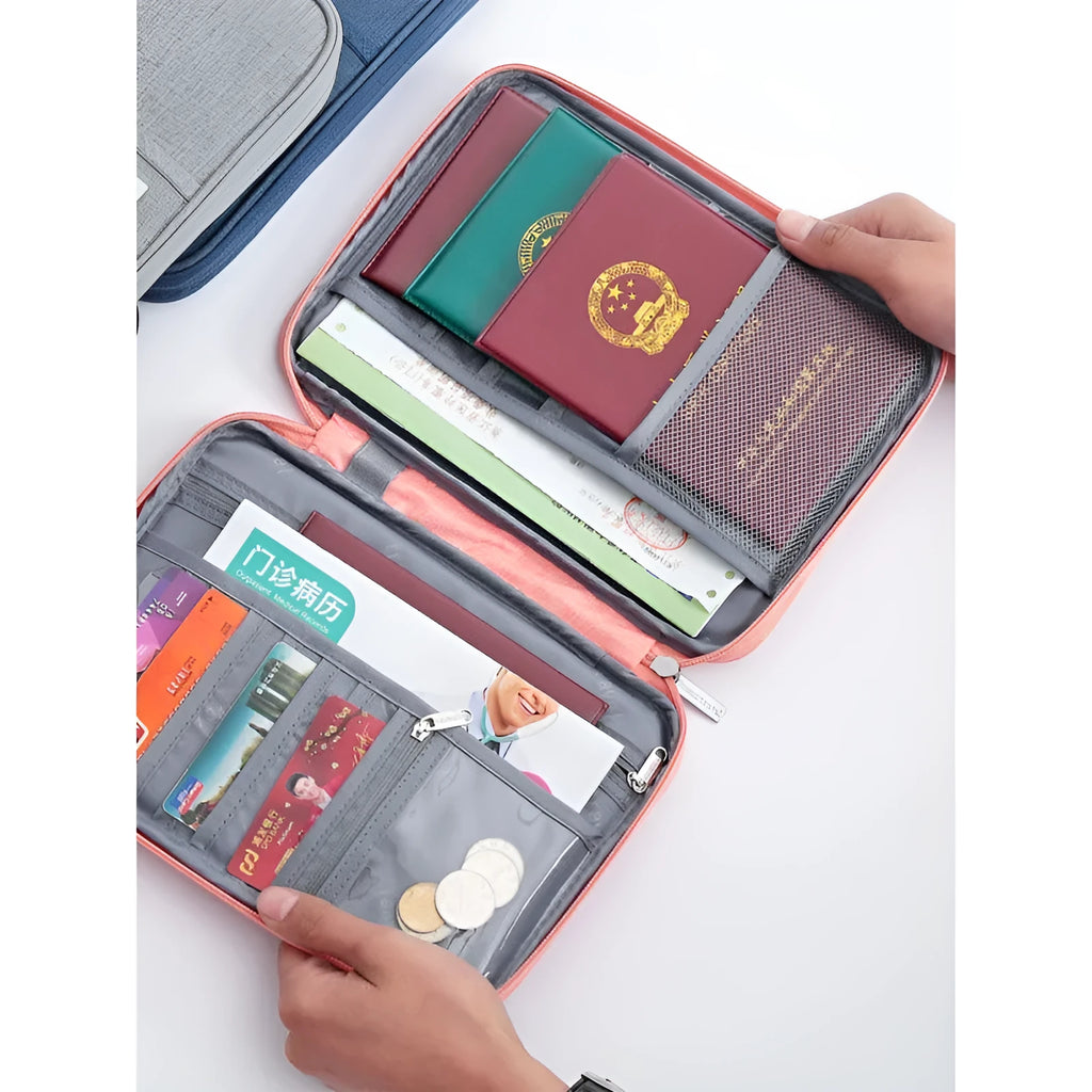 Waterproof cationic fabric passport cover in navy blue, showing small and large size comparison.