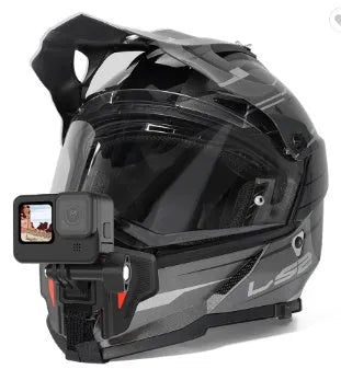 Black GoPro motorcycle helmet chin strap mount with adjustable straps and stainless steel hardware