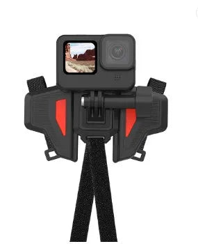 Black GoPro motorcycle helmet chin strap mount with adjustable straps and stainless steel hardware