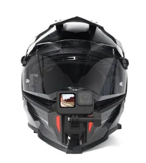 Black GoPro motorcycle helmet chin strap mount with adjustable straps and stainless steel hardware