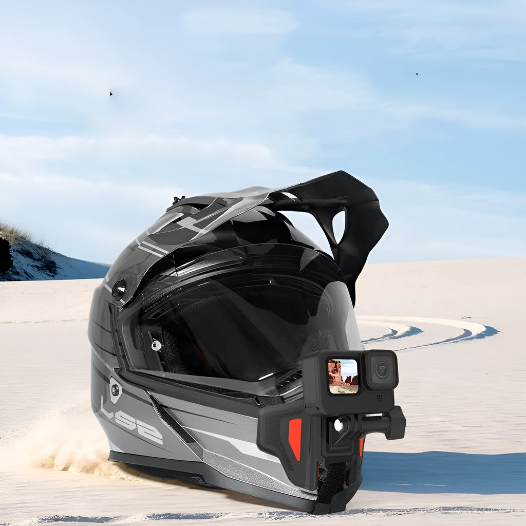 Black GoPro motorcycle helmet chin strap mount with adjustable straps and stainless steel hardware