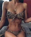 Women's leopard print bikini set in polyester fabric with chest pad, front view on mannequin