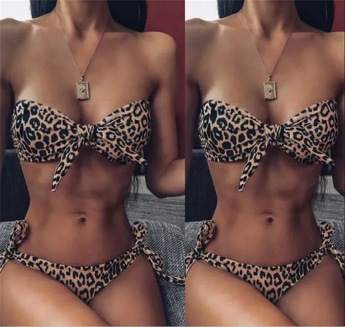 Women's leopard print bikini set in polyester fabric with chest pad, front view on mannequin