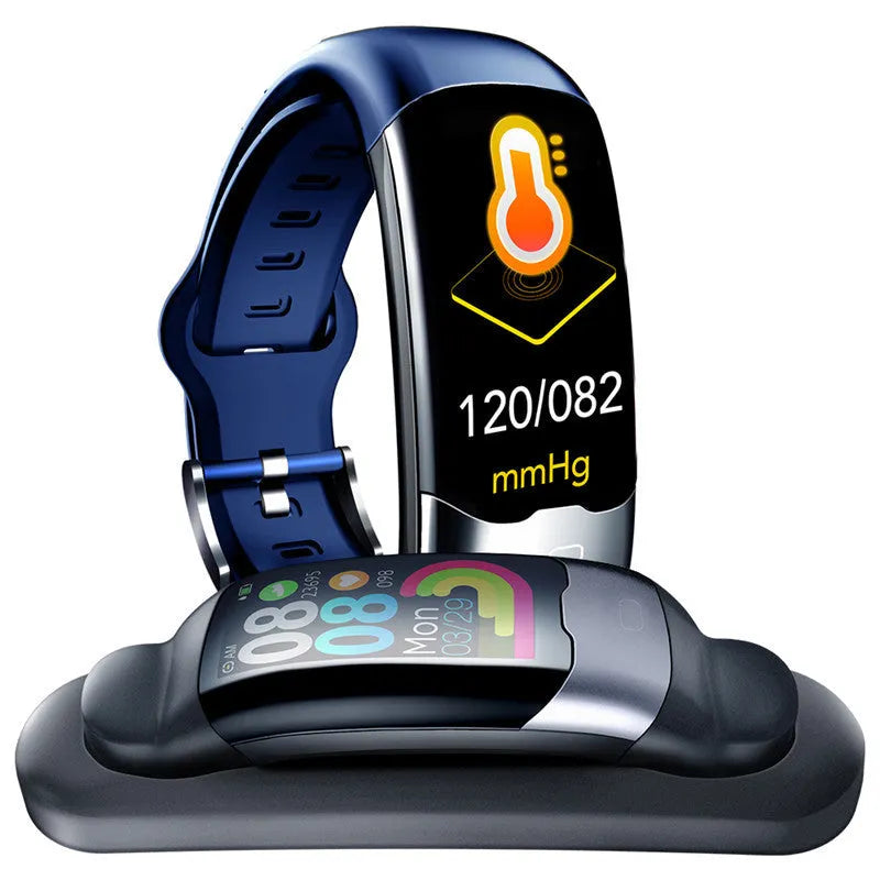 Multifunctional smart fitness bracelet with digital display showing heart rate monitoring in black, blue, and red colour options