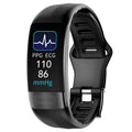 Black smart bracelet with 0.96-inch screen displaying heart rate and ECG graph on a wrist.