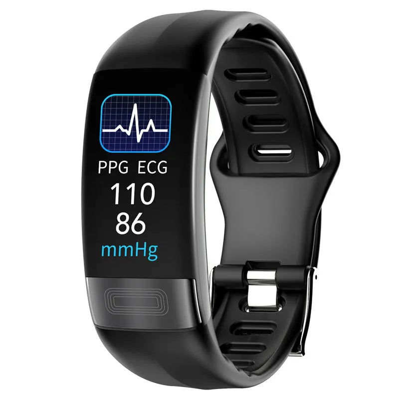 Black smart bracelet with 0.96-inch screen displaying heart rate and ECG graph on a wrist.