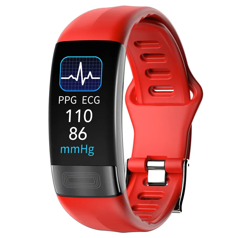 Black smart bracelet with 0.96-inch screen displaying heart rate and ECG graph on a wrist.