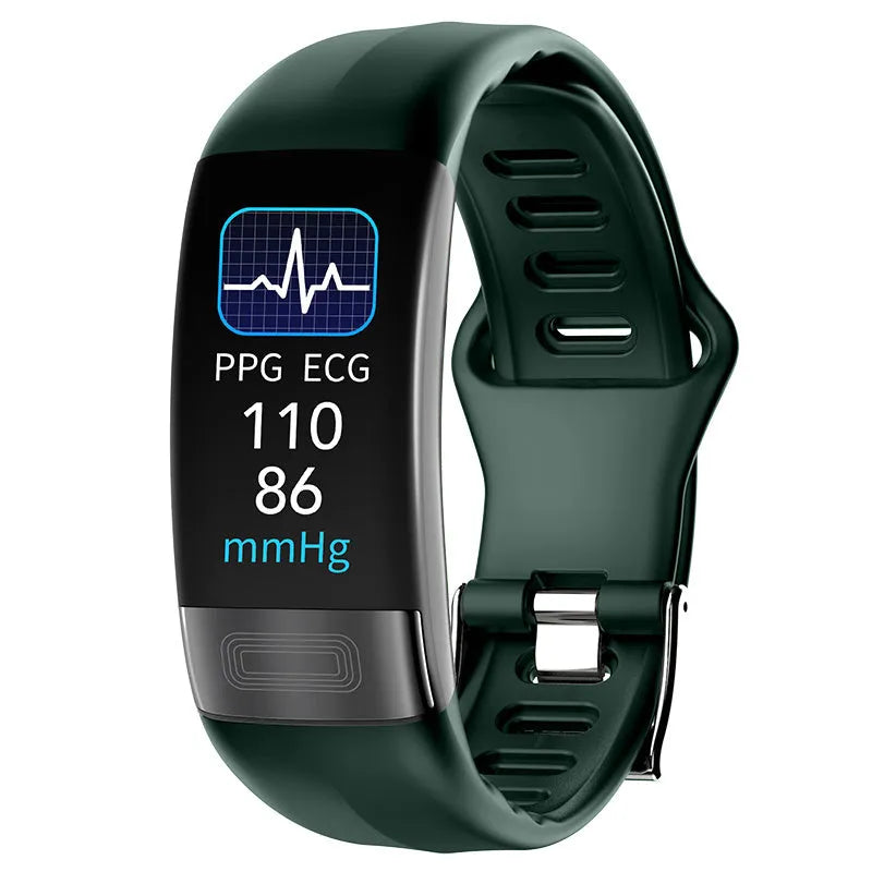 Black smart bracelet with 0.96-inch screen displaying heart rate and ECG graph on a wrist.