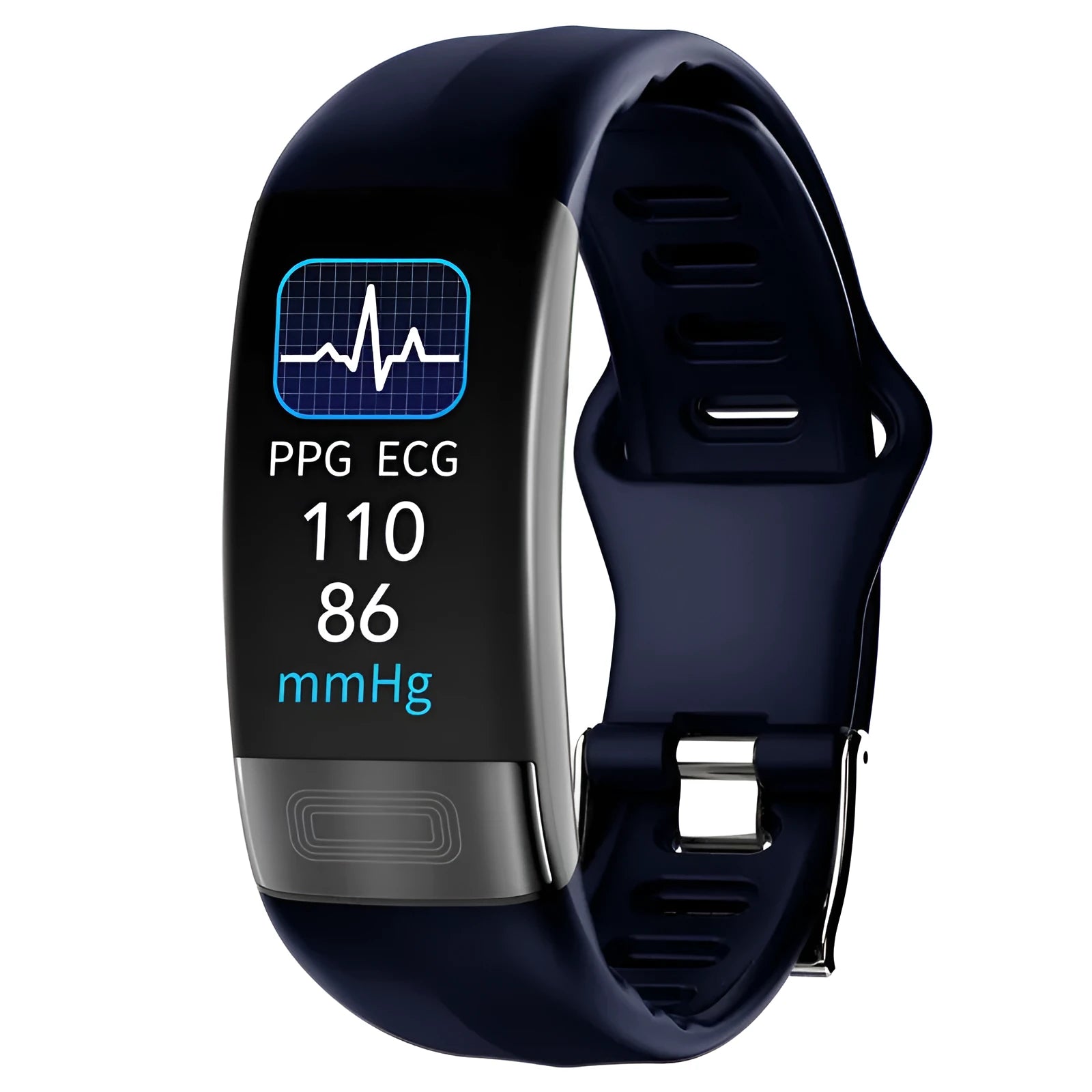 Black smart bracelet with 0.96-inch screen displaying heart rate and ECG graph on a wrist.