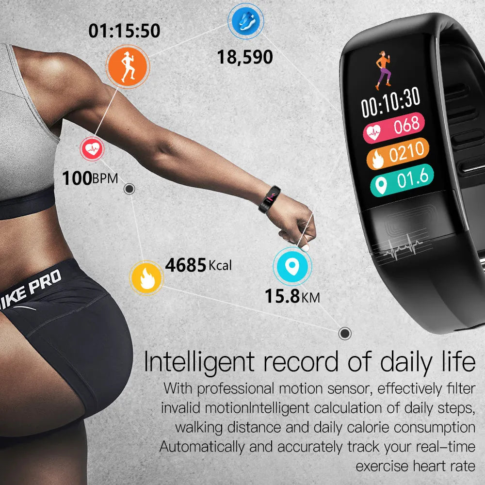 Black smart bracelet with 0.96-inch screen displaying heart rate and ECG graph on a wrist.
