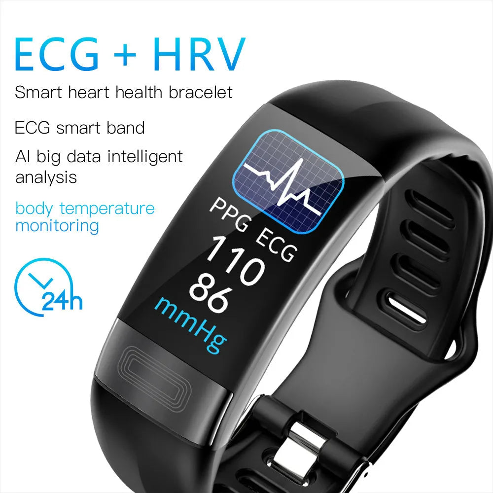 Black smart bracelet with 0.96-inch screen displaying heart rate and ECG graph on a wrist.