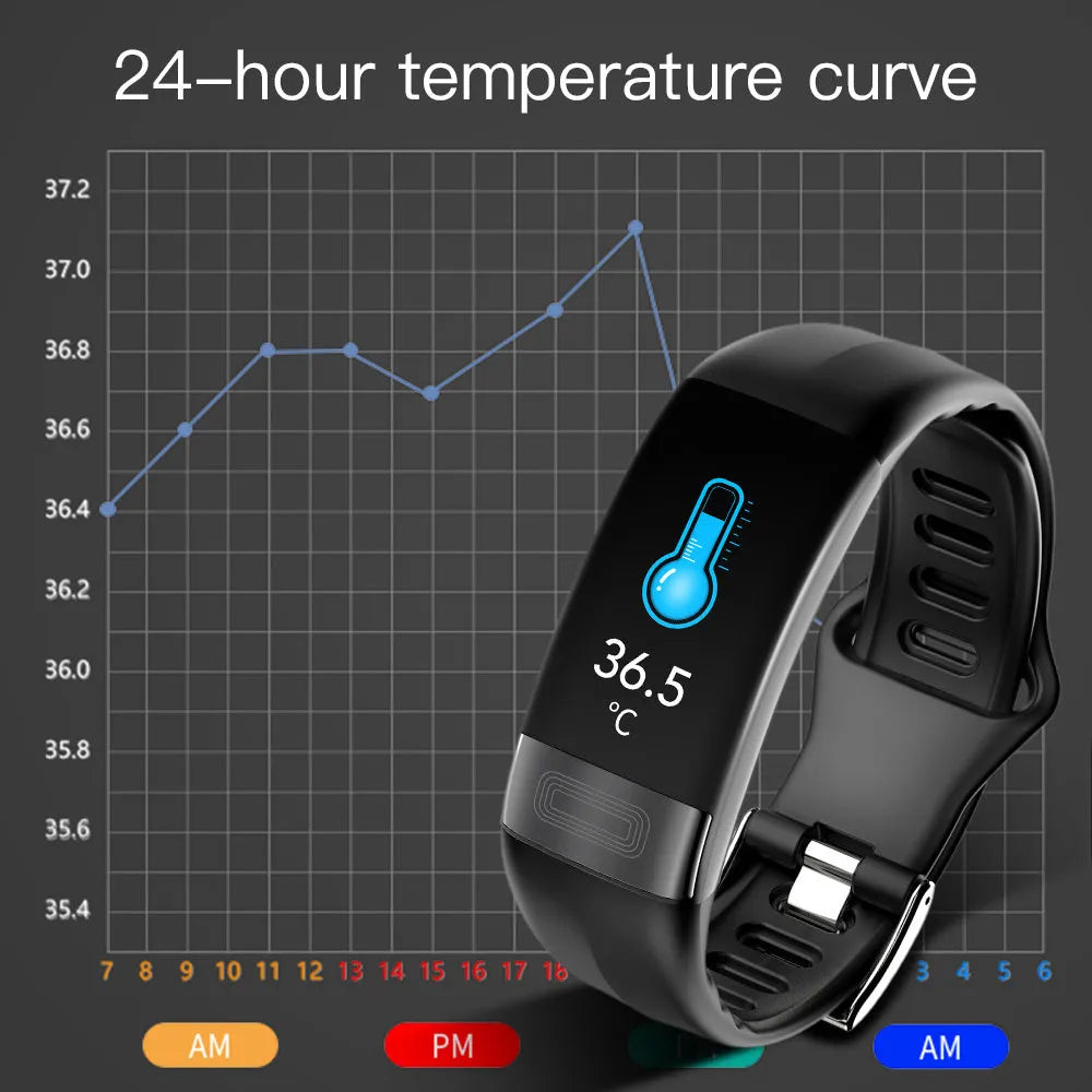 Black smart bracelet with 0.96-inch screen displaying heart rate and ECG graph on a wrist.