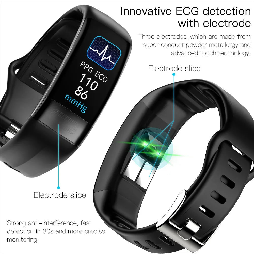 Black smart bracelet with 0.96-inch screen displaying heart rate and ECG graph on a wrist.