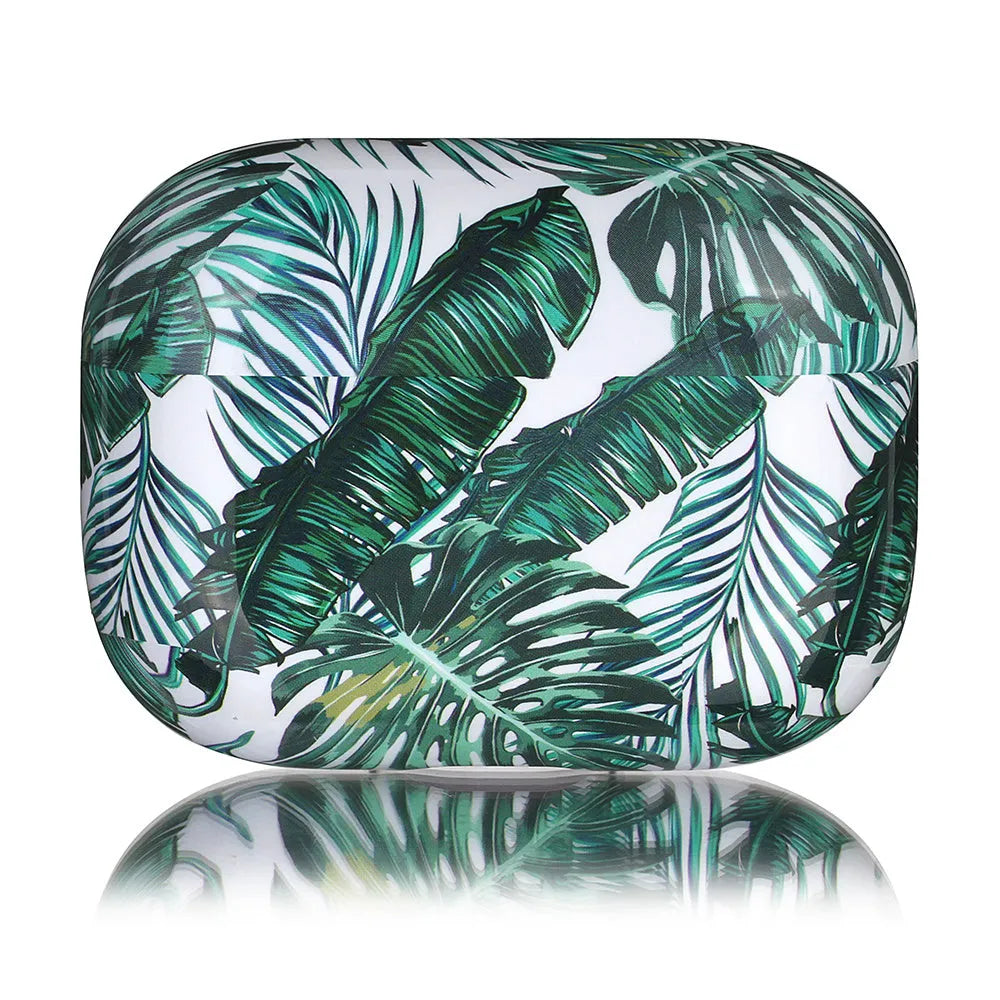 Blue and green banana leaves design AirPods protective case with tropical pattern