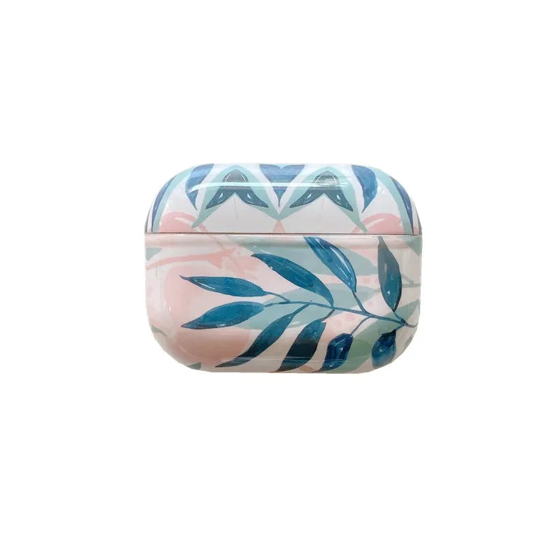 Blue and green banana leaves design AirPods protective case with tropical pattern