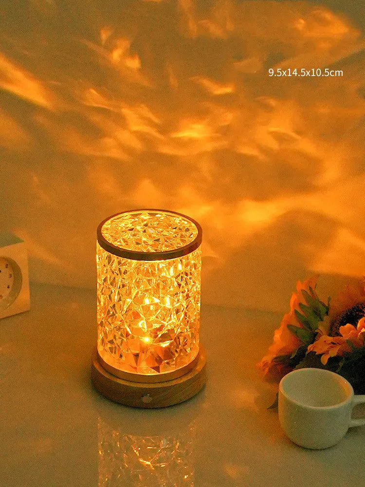Rotating water ripple night light with wooden base showing dimensions of 9.5x14.5x10.5cm