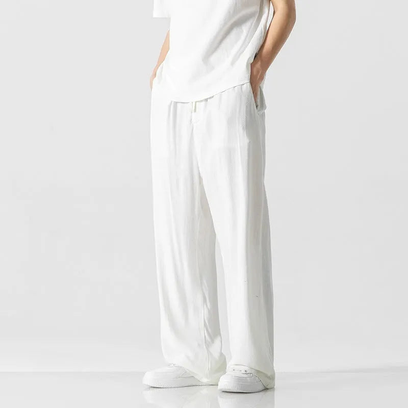 Men's beige bamboo fibre straight leg trousers with cropped length and drawstring waistband