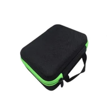 Red EVA essential oil storage bag with 30 compartments for 15ml bottles, shown wall-mounted.