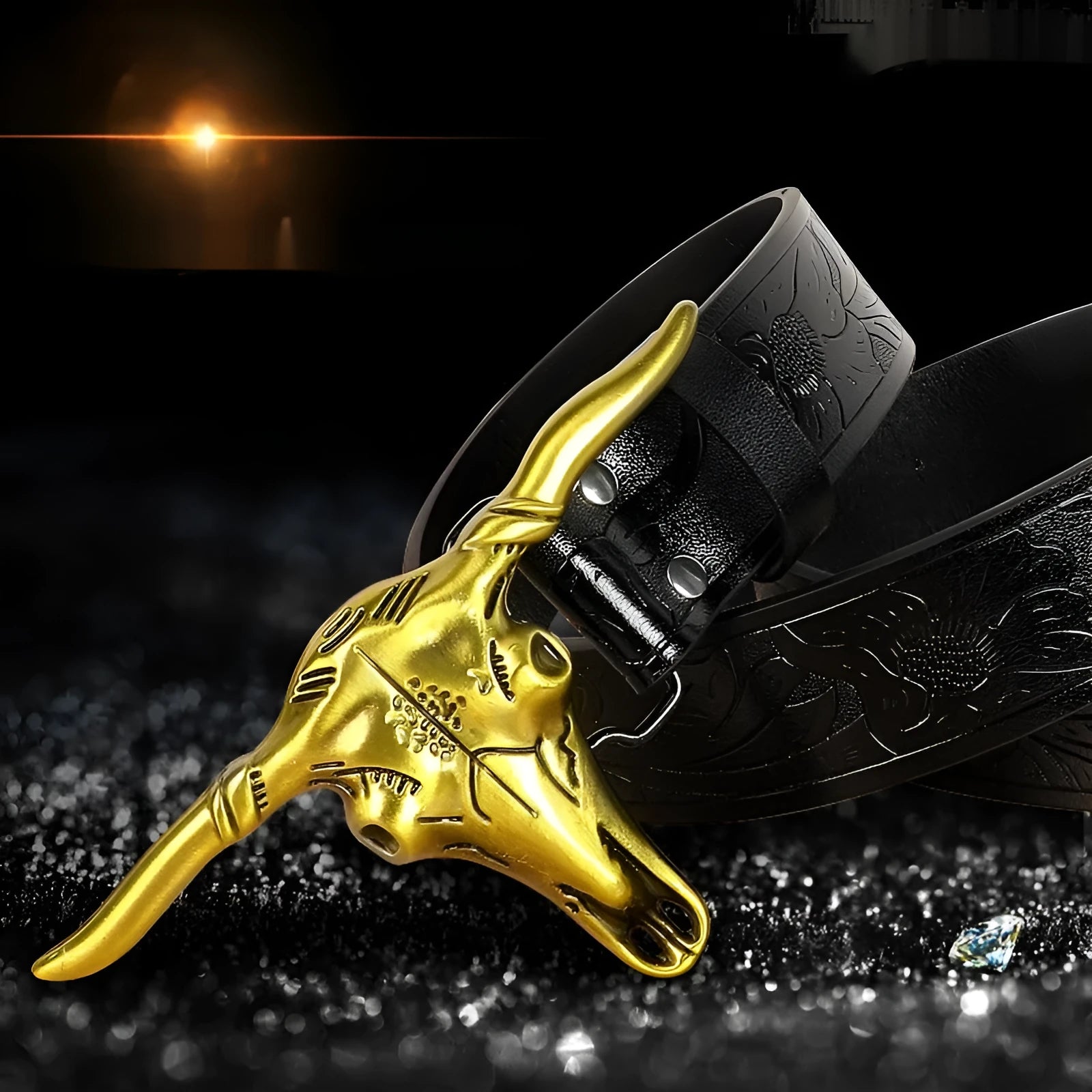 Men's black imitation leather belt with decorative alloy cow head buckle and pin buckle fastening