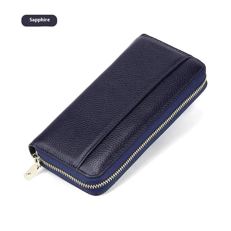 Women's genuine leather long bi-fold wallet in six colour options showing large capacity design