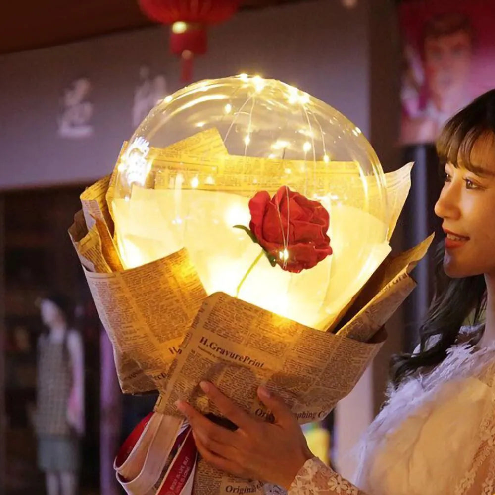 Transparent LED luminous DIY balloon rose bouquet with integrated lights for decoration.