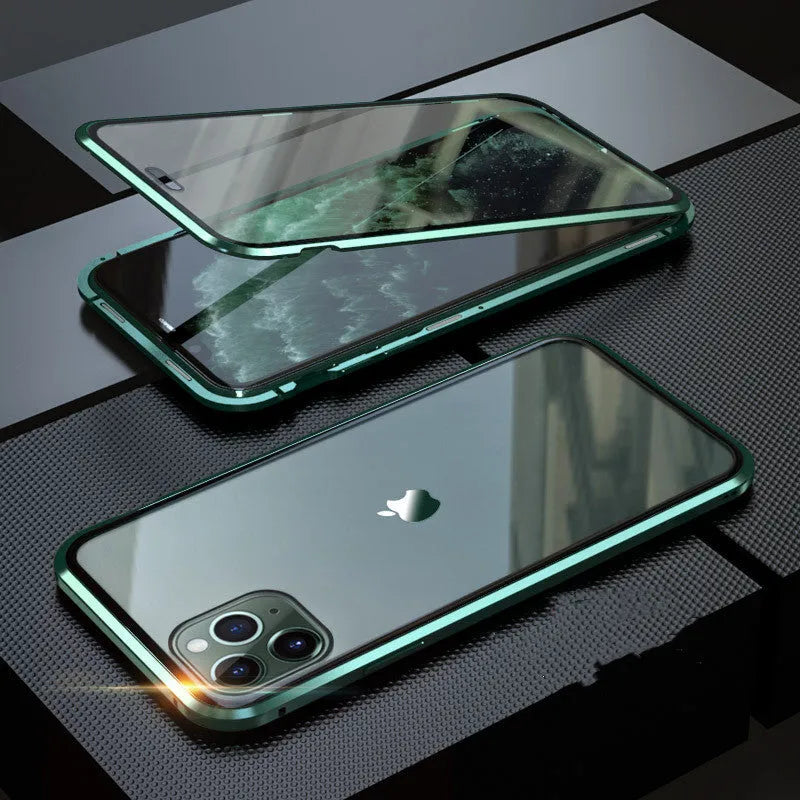 Clamshell anti-spy phone case in six colours showing tempered glass construction for iPhone privacy protection