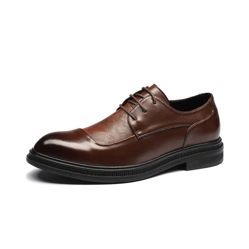 Men's pointed British style black dress shoes with rubber sole for formal wear