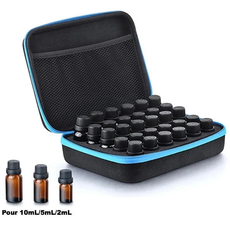 Red EVA essential oil storage bag with 30 compartments for 15ml bottles, shown wall-mounted.