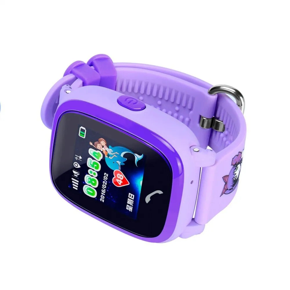 Blue and purple children's smartwatch with silicone strap and 1.22-inch touch screen display