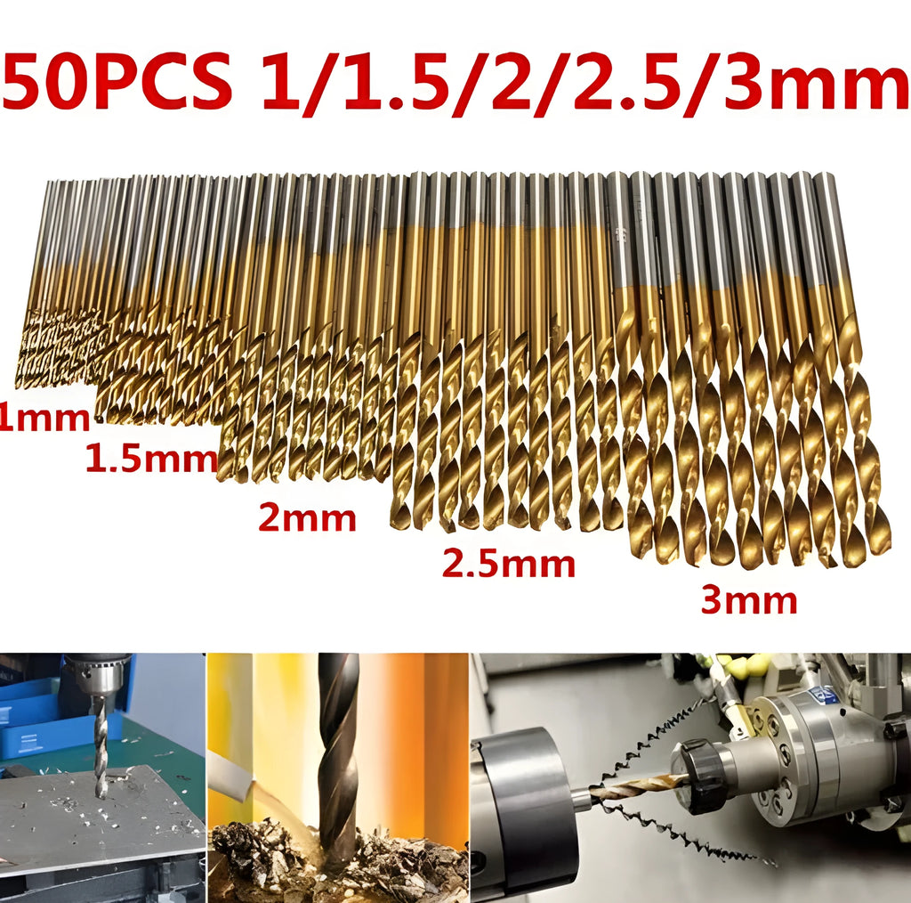 50-piece titanium-coated HSS steel drill bit set for metal and wood drilling applications