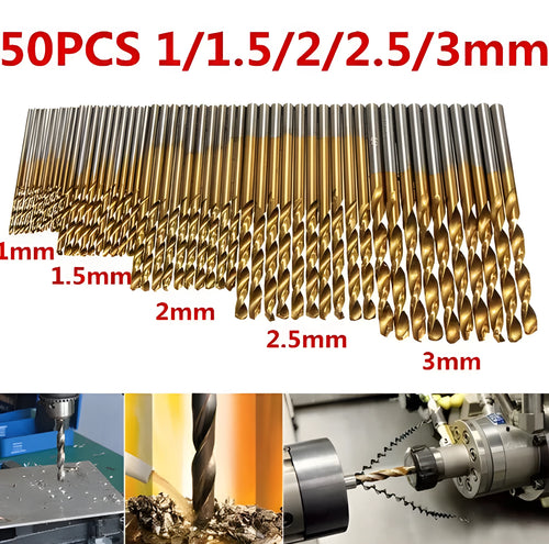 50-piece titanium-coated HSS steel drill bit set for metal and wood drilling applications