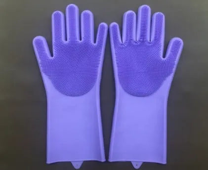 Silicone cleaning gloves with textured scrubbing surface in assorted colours
