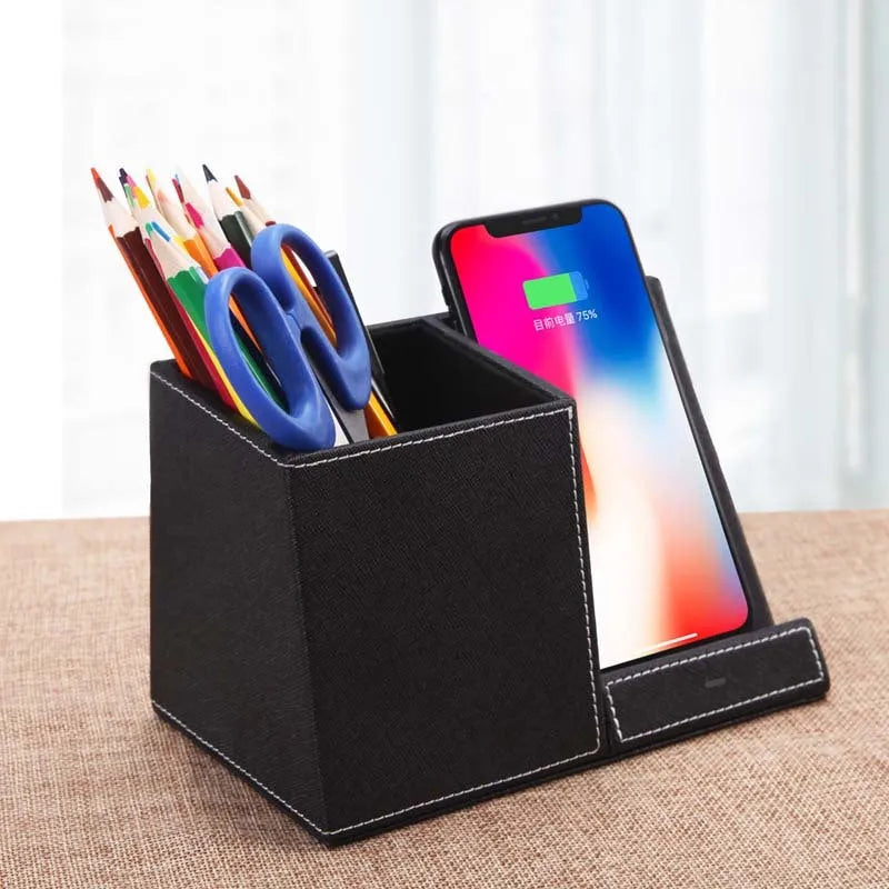 Leather wireless charging station with pen holder organiser for desk phone charging