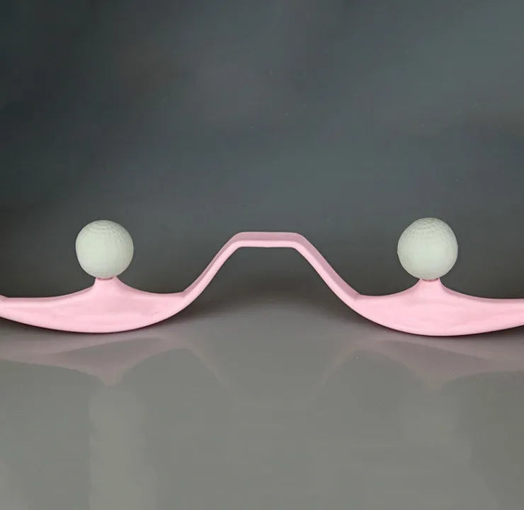Blue plastic hand-held neck massager with adjustable rollers on a flexible stand.