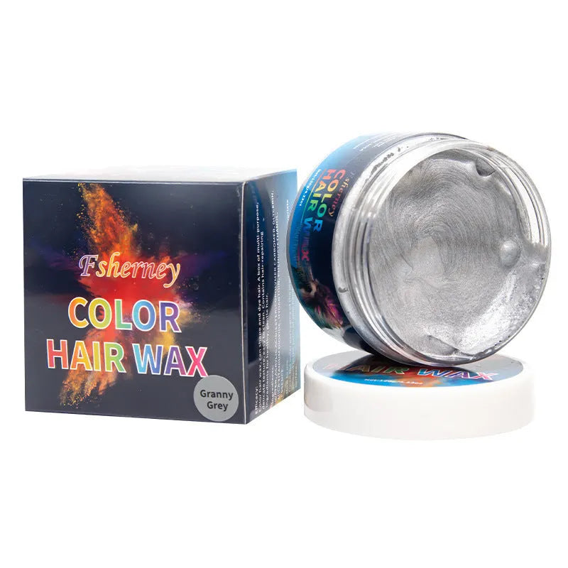 120g container of hair styling clay shown in one of nine colour options: blue, green, purple, red, orange, yellow, white, rose red, or granny grey.