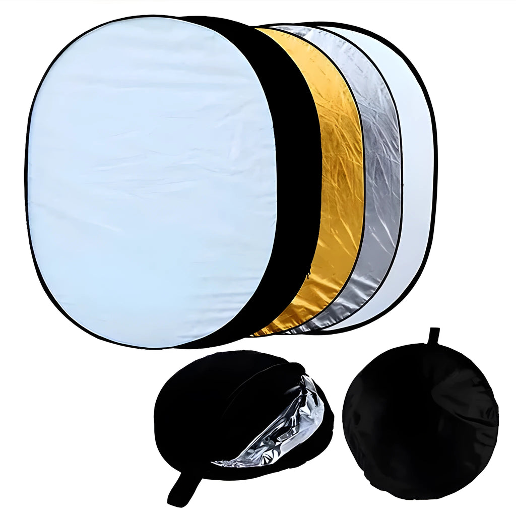 5-in-1 collapsible photography light reflector with gold, silver, white, black, and translucent surfaces