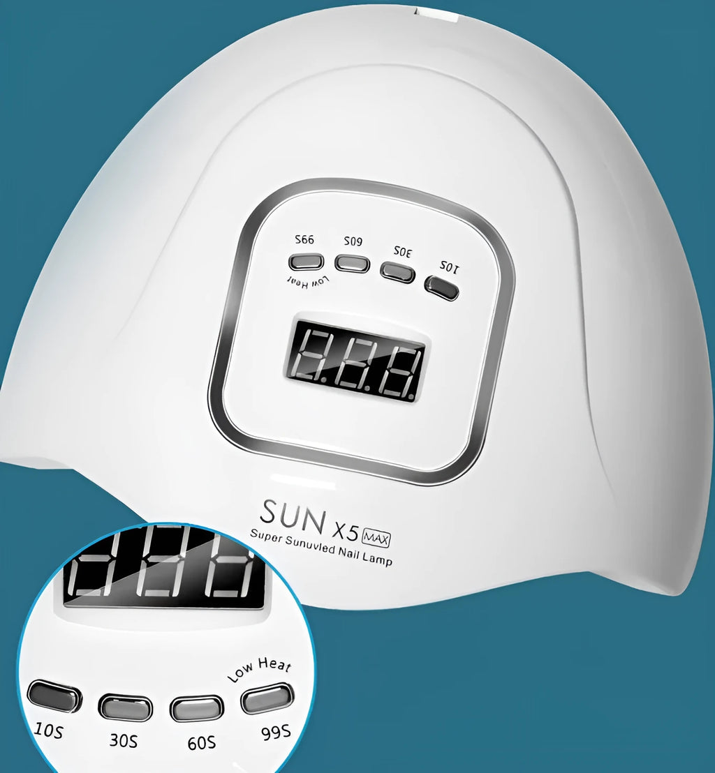 White portable gel nail lamp with 45 LED beads showing timer controls and dual UV/LED light source