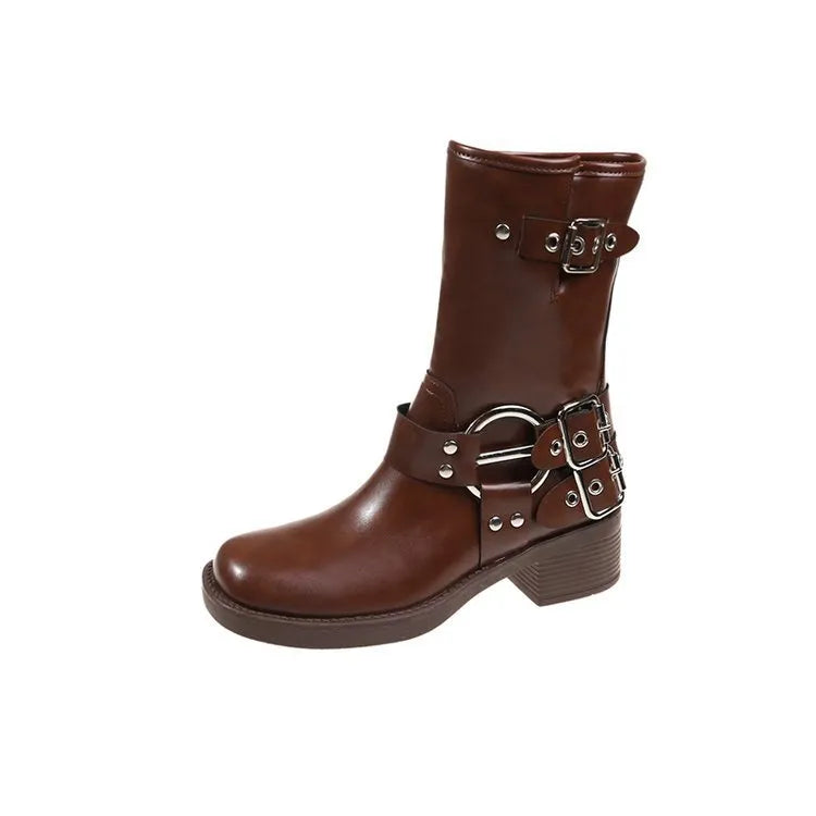 Women's platform boots with belt buckle detail in middle calf length, available in black or brown